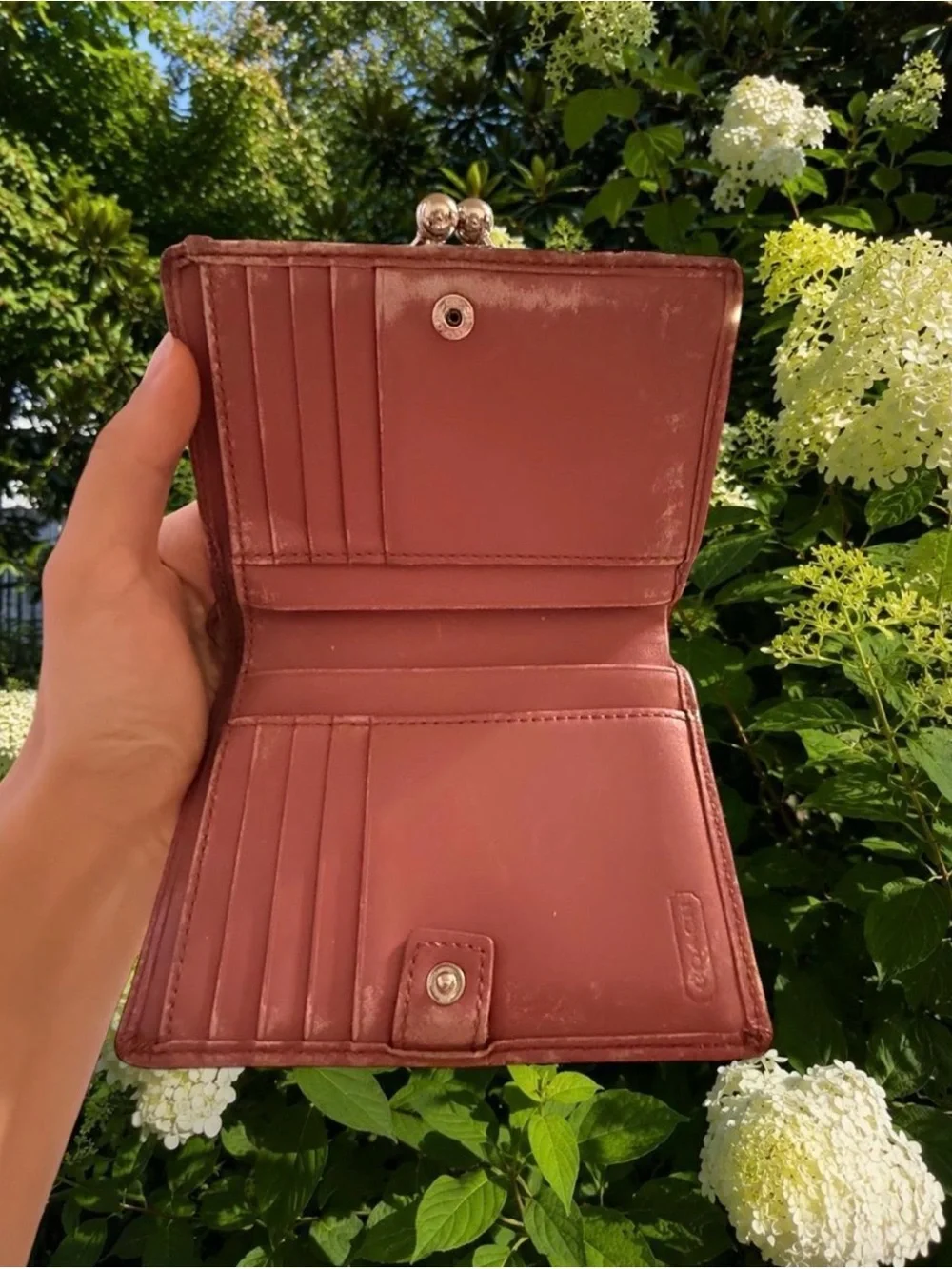 Coach Brown Signature Canvas Wallet with Pink Trim